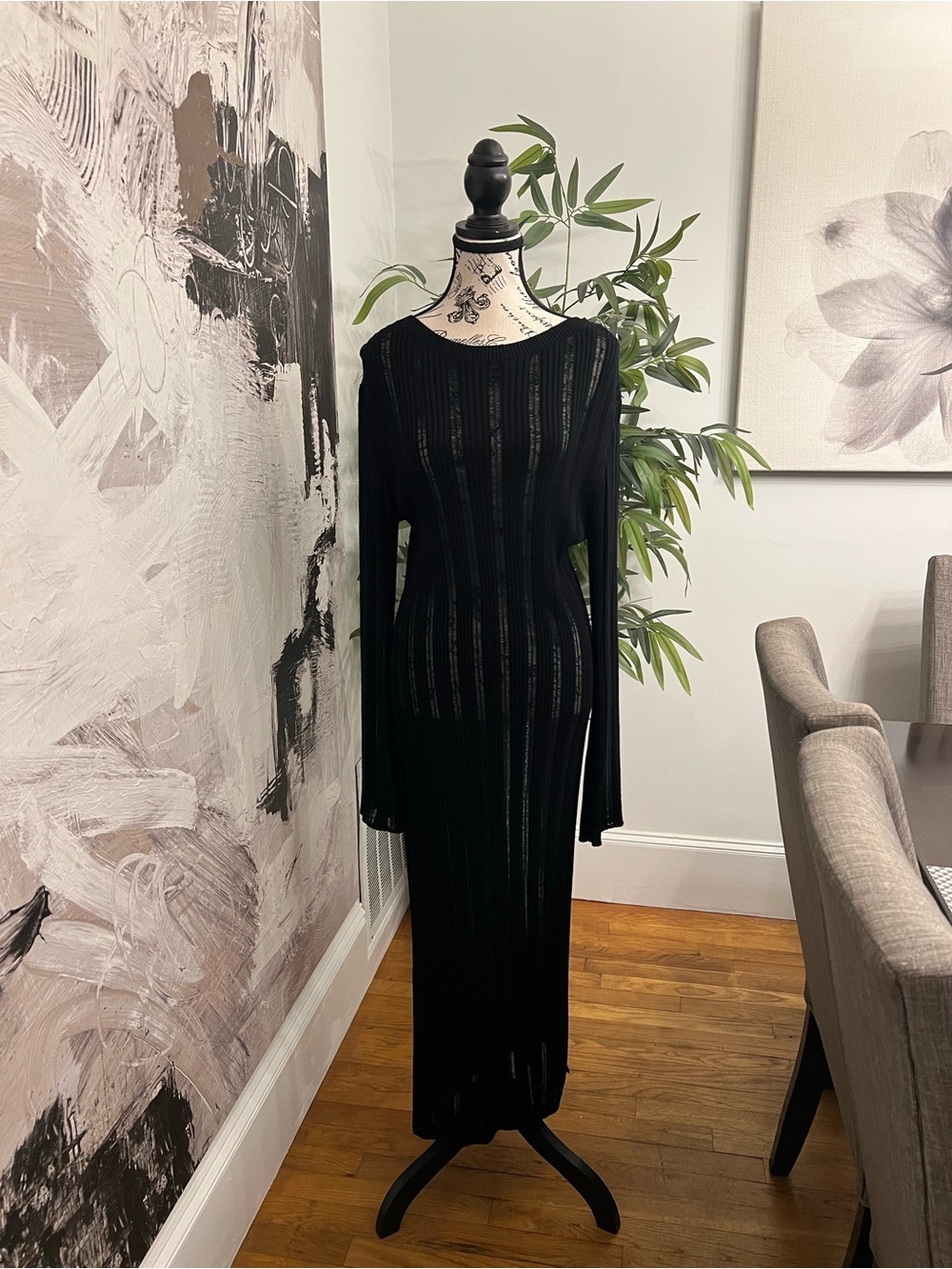 H&M Black Sheer-Striped Long Sleeve Maxi Dress
